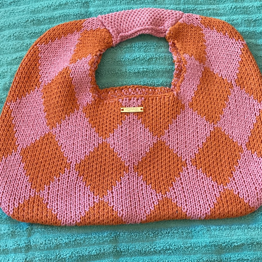 Kopari Pink and Orange Argyle Knit Bag